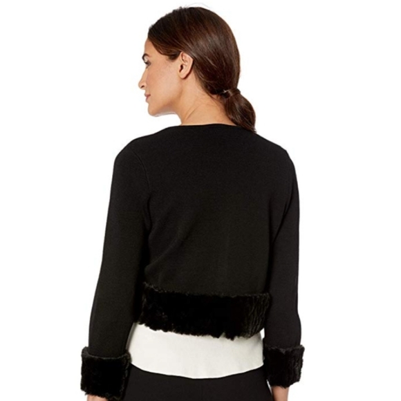Calvin Klein Faux Fur Trimmed Open Shrug Black - Picture 2 of 2